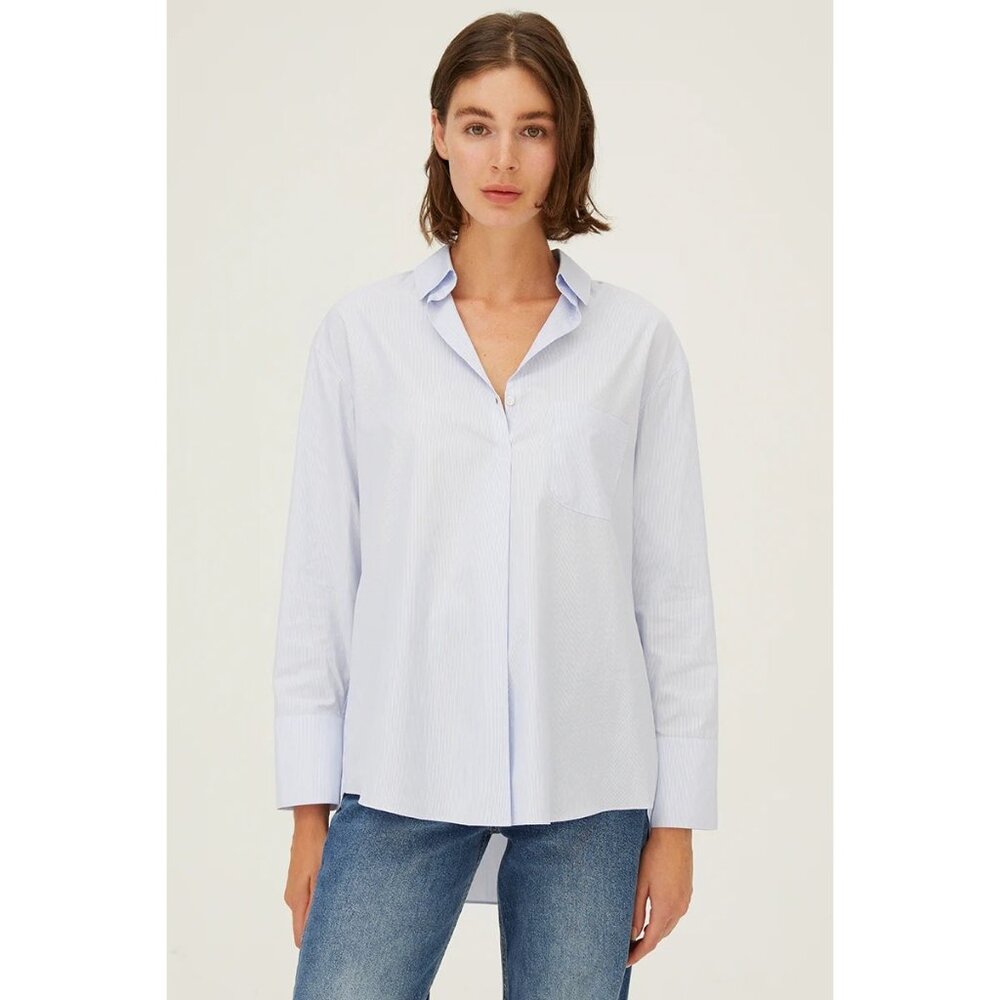 Harshman Women's Ari Popover Shirt Long Sleeve Blue Mini Pinstripes Size S & M